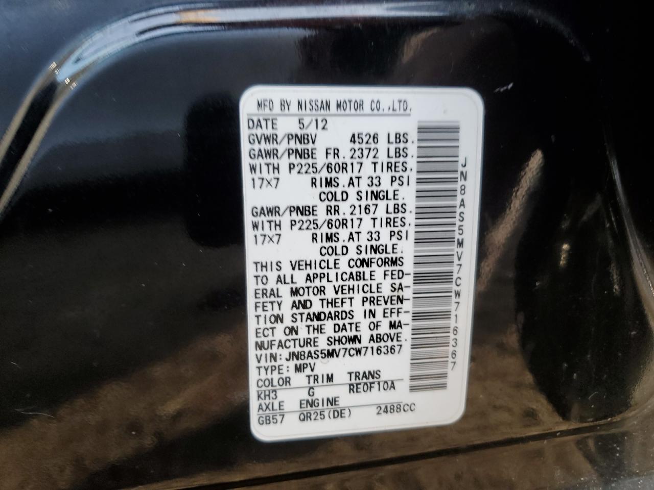 2012 Nissan Rogue VIN JN8AS5MV7CW716367 Copart auction photo, front end damage thumbnail 16