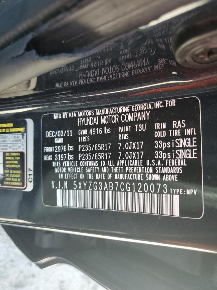 2012 Hyundai Santa Fe VIN 5XYZG3AB7CG120073 Copart auction photo, front end damage thumbnail 15