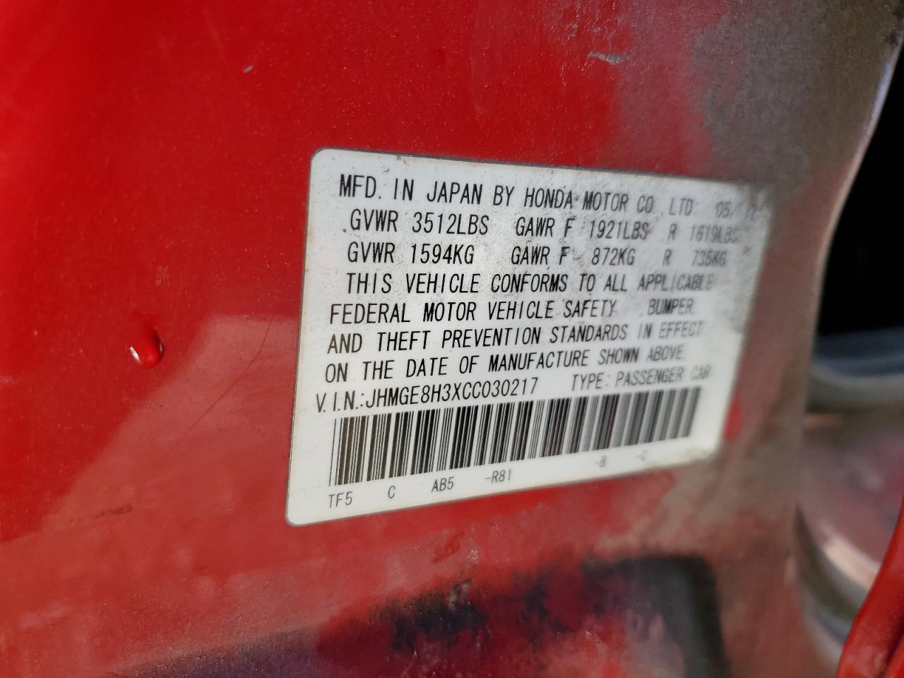 2012 Honda Fit VIN JHMGE8H3XCC030217 Copart auction photo, front end damage thumbnail 12