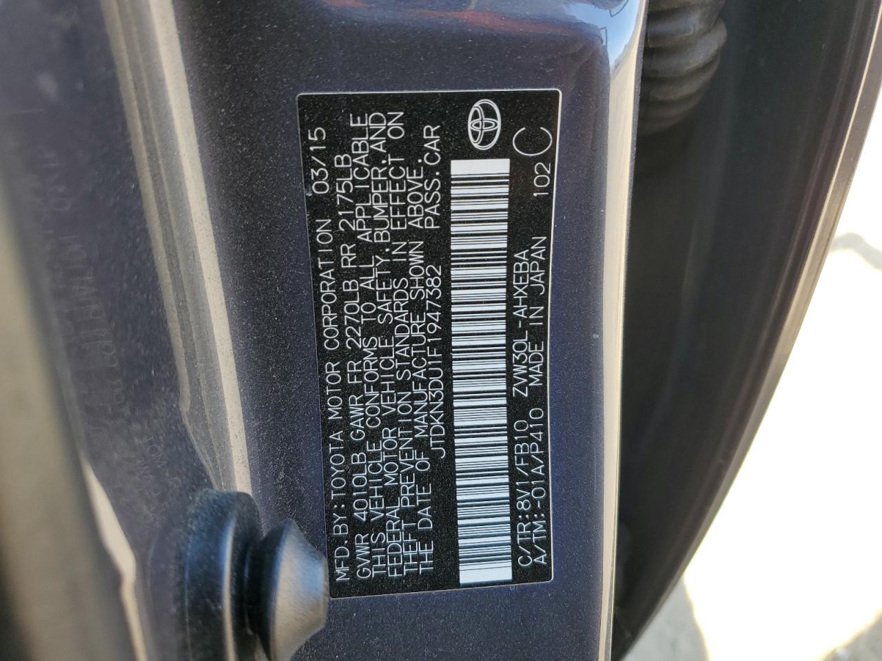 2015 Toyota Prius VIN JTDKN3DU1F1947382 Copart auction photo, rear end / side damage thumbnail 14