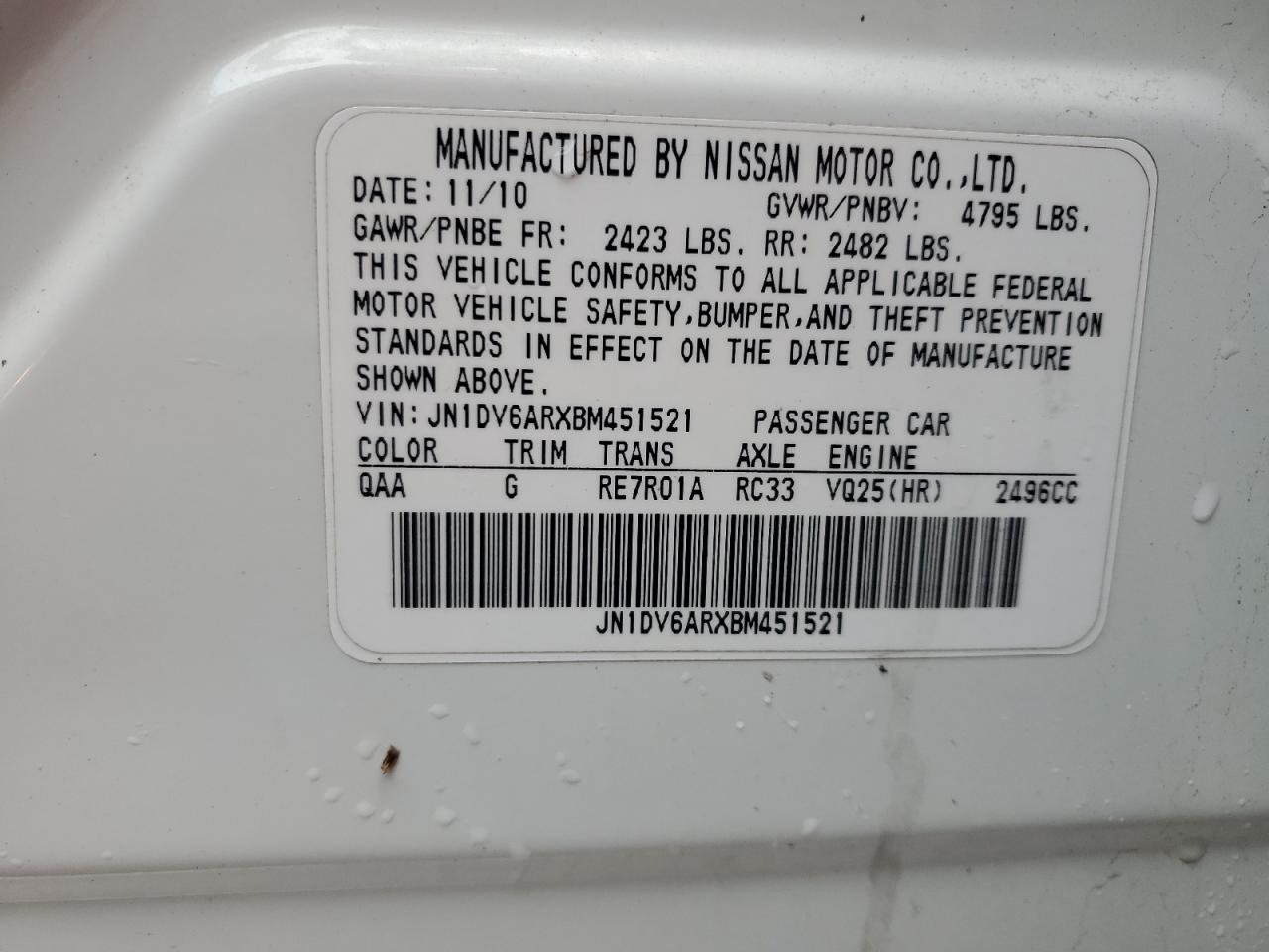 2011 Infiniti G VIN JN1DV6ARXBM451521 Copart auction photo, side / rear end damage thumbnail 12