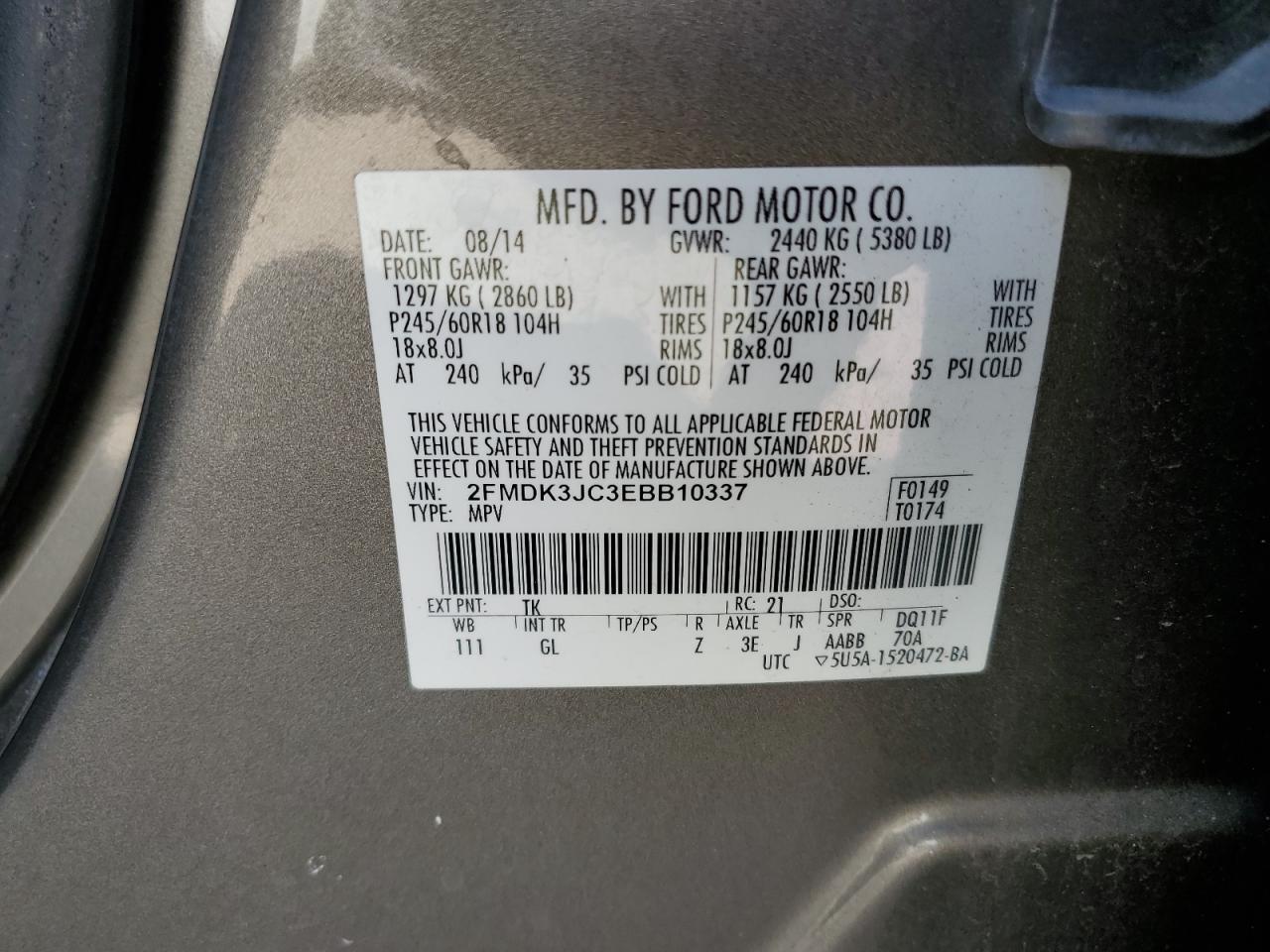 2014 Ford Edge VIN 2FMDK3JC3EBB10337 Copart auction photo, rear end damage thumbnail 15