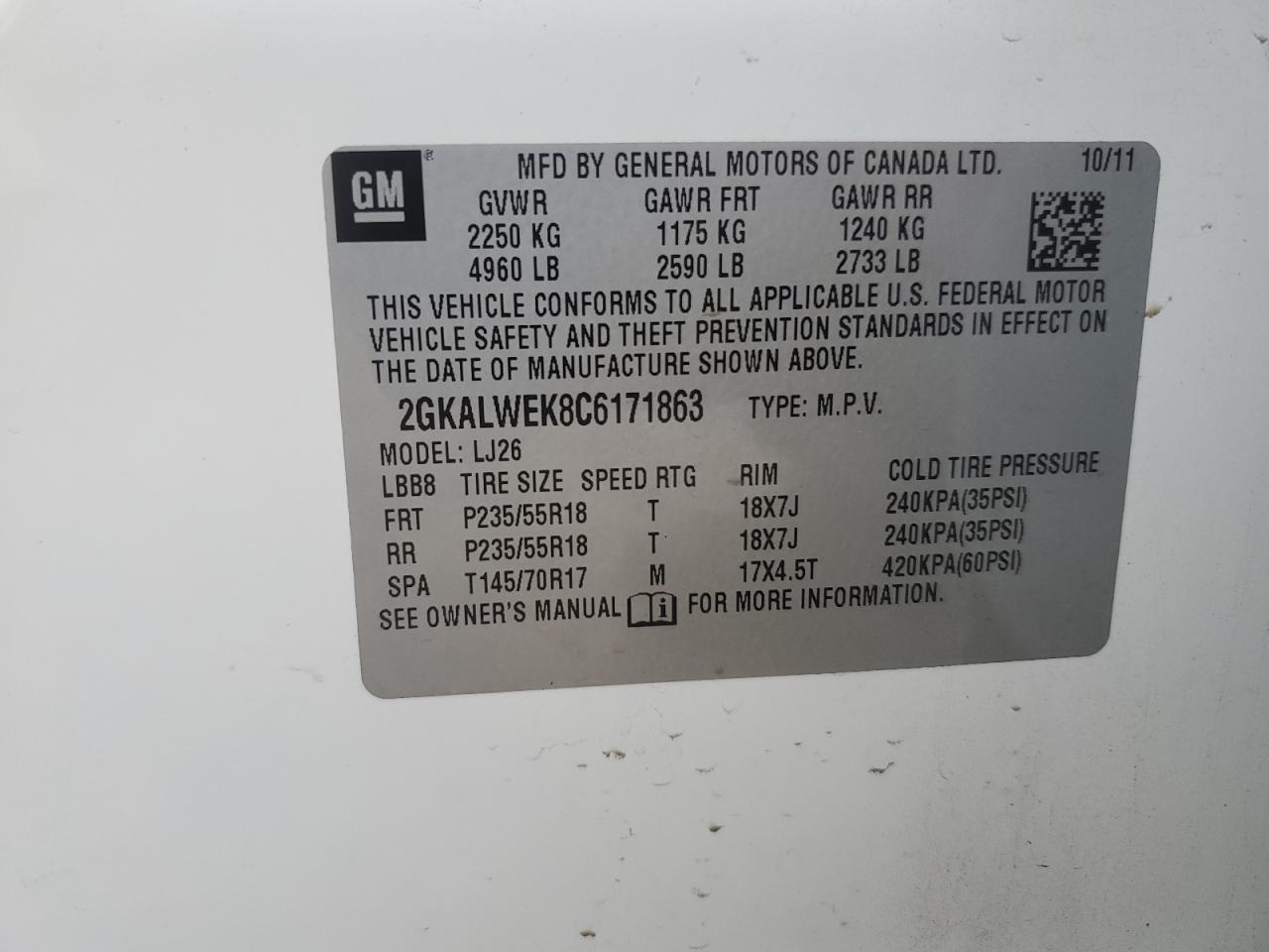 2012 GMC Terrain VIN 2GKALWEK8C6171863 Copart auction photo, side / rear end damage thumbnail 14