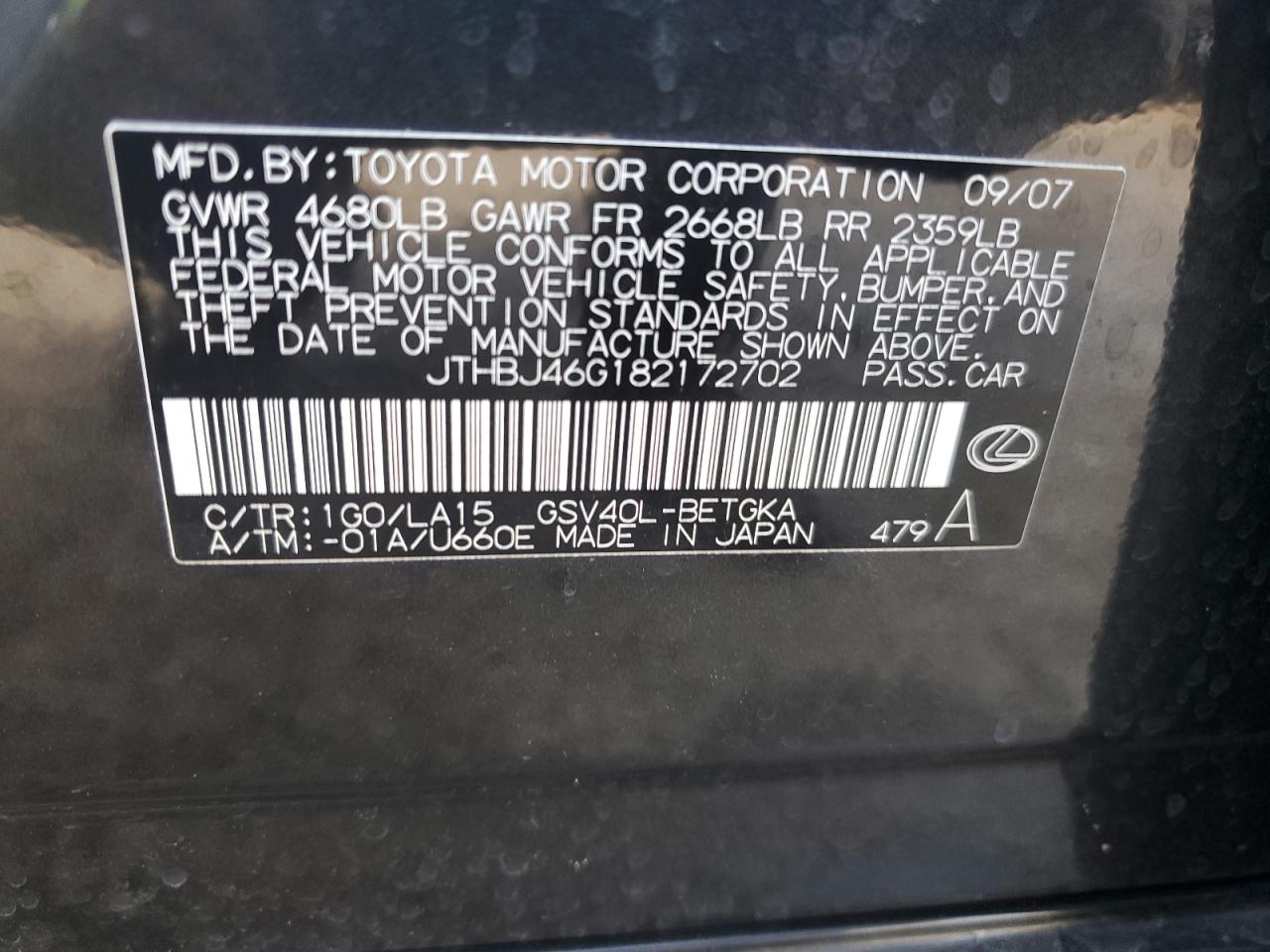 2008 Lexus ES VIN JTHBJ46G182172702 Copart auction photo, front end damage thumbnail 13