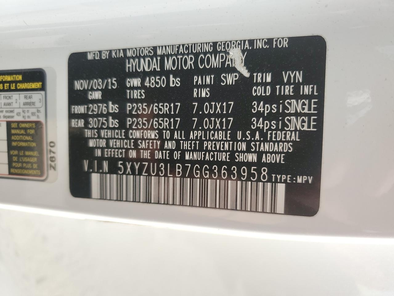 2016 Hyundai Santa Fe VIN 5XYZU3LB7GG363958 Copart auction photo, water/flood damage thumbnail 13