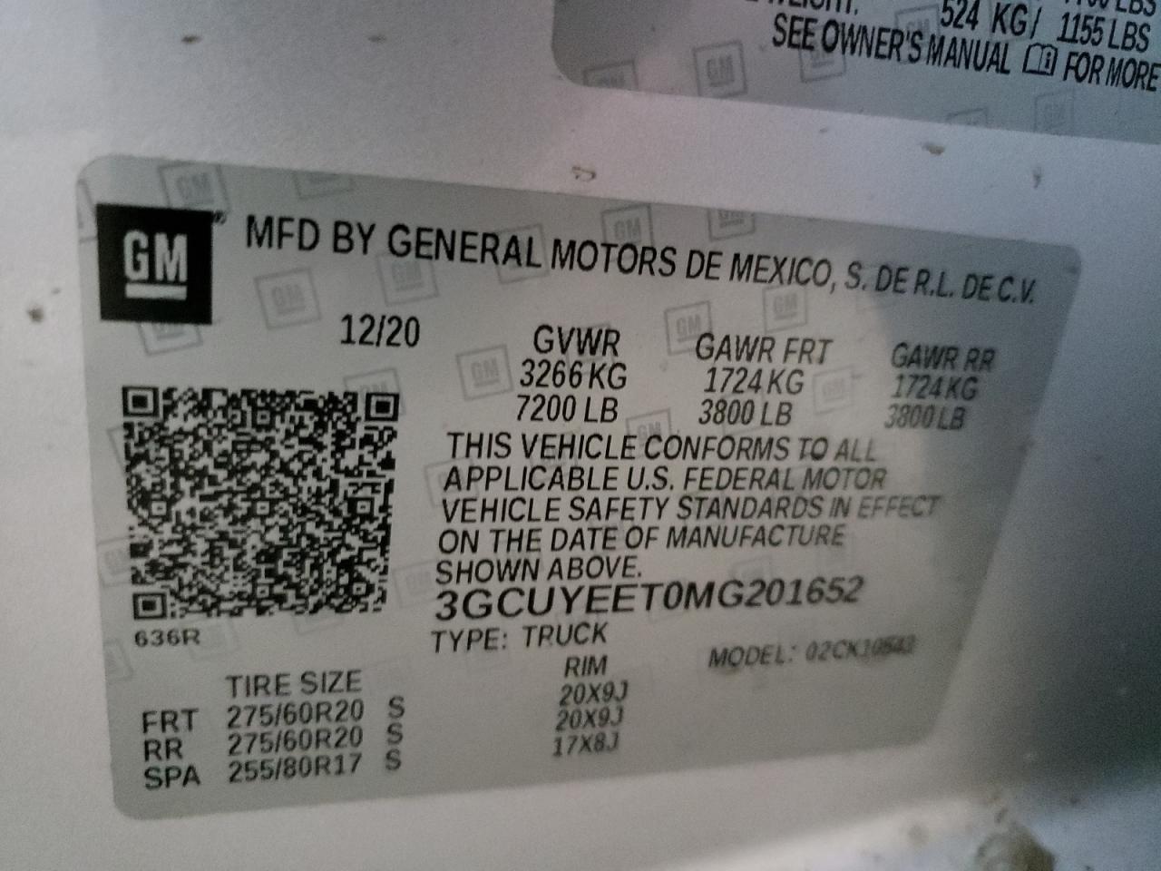 2021 Chevrolet Silverado VIN 3GCUYEET0MG201652 Copart auction photo, rear end / side damage thumbnail 12