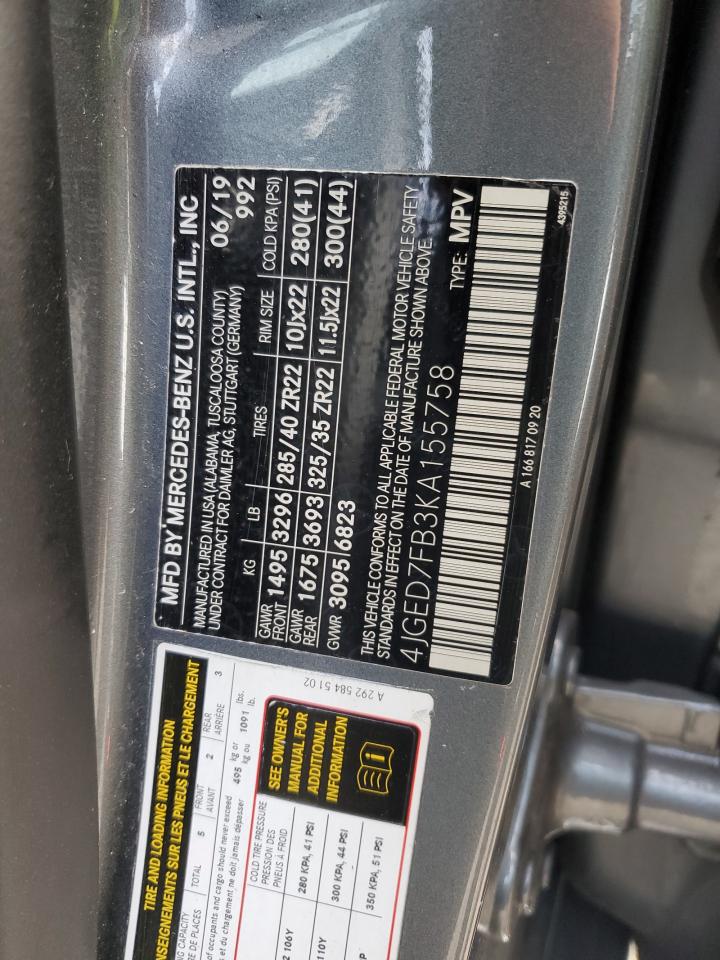 2019 Mercedes-Benz GLE VIN 4JGED7FB3KA155758 Copart auction photo, rear end damage thumbnail 12