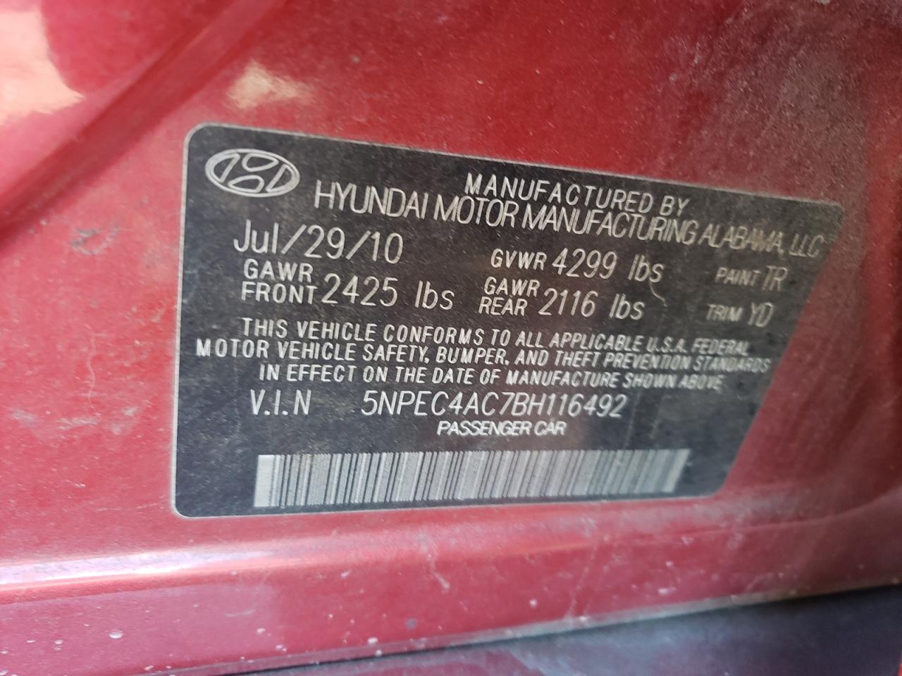 2011 Hyundai Sonata VIN 5NPEC4AC7BH116492 Copart auction photo, rear end / front end damage thumbnail 13
