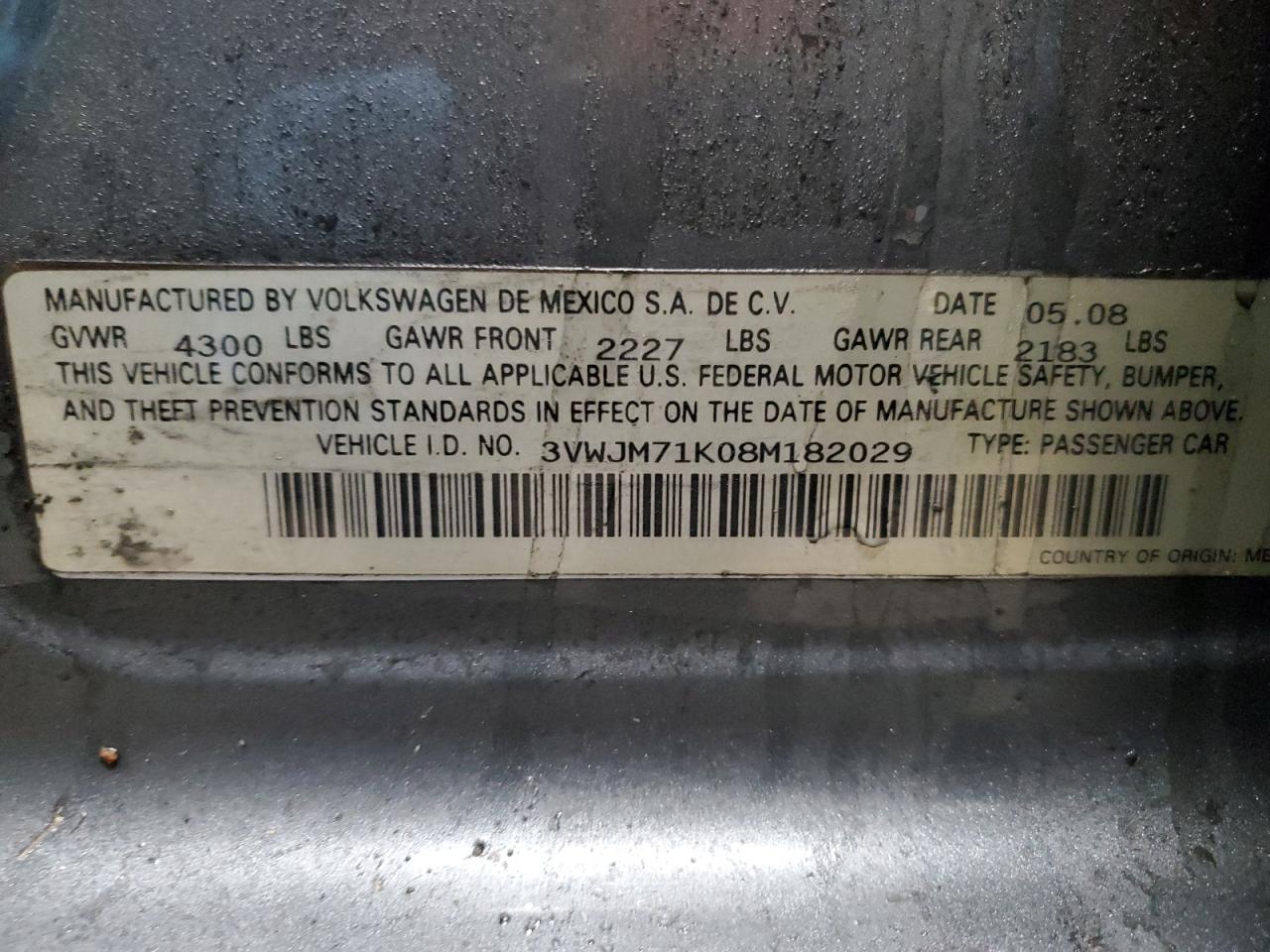2008 Volkswagen Jetta VIN 3VWJM71K08M182029 Copart auction photo, rear end damage thumbnail 12