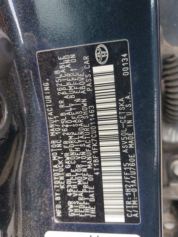2012 Toyota Camry VIN 4T1BF1FK7CU011463 Copart auction photo, front end damage thumbnail 13