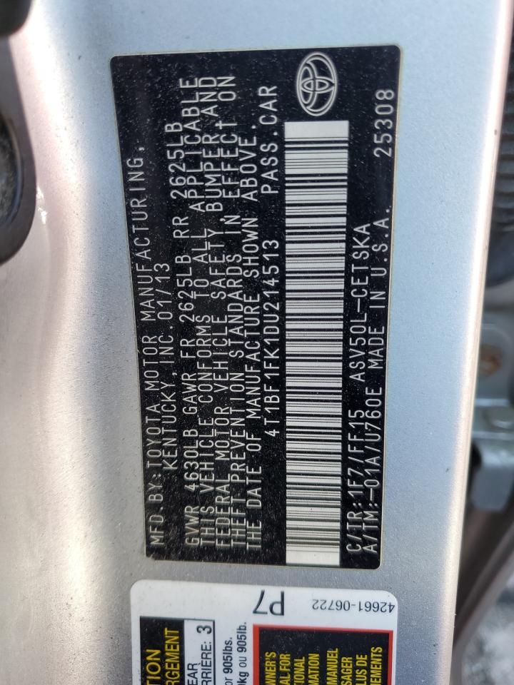 2013 Toyota Camry VIN 4T1BF1FK1DU214513 Copart auction photo, front end / side damage thumbnail 12