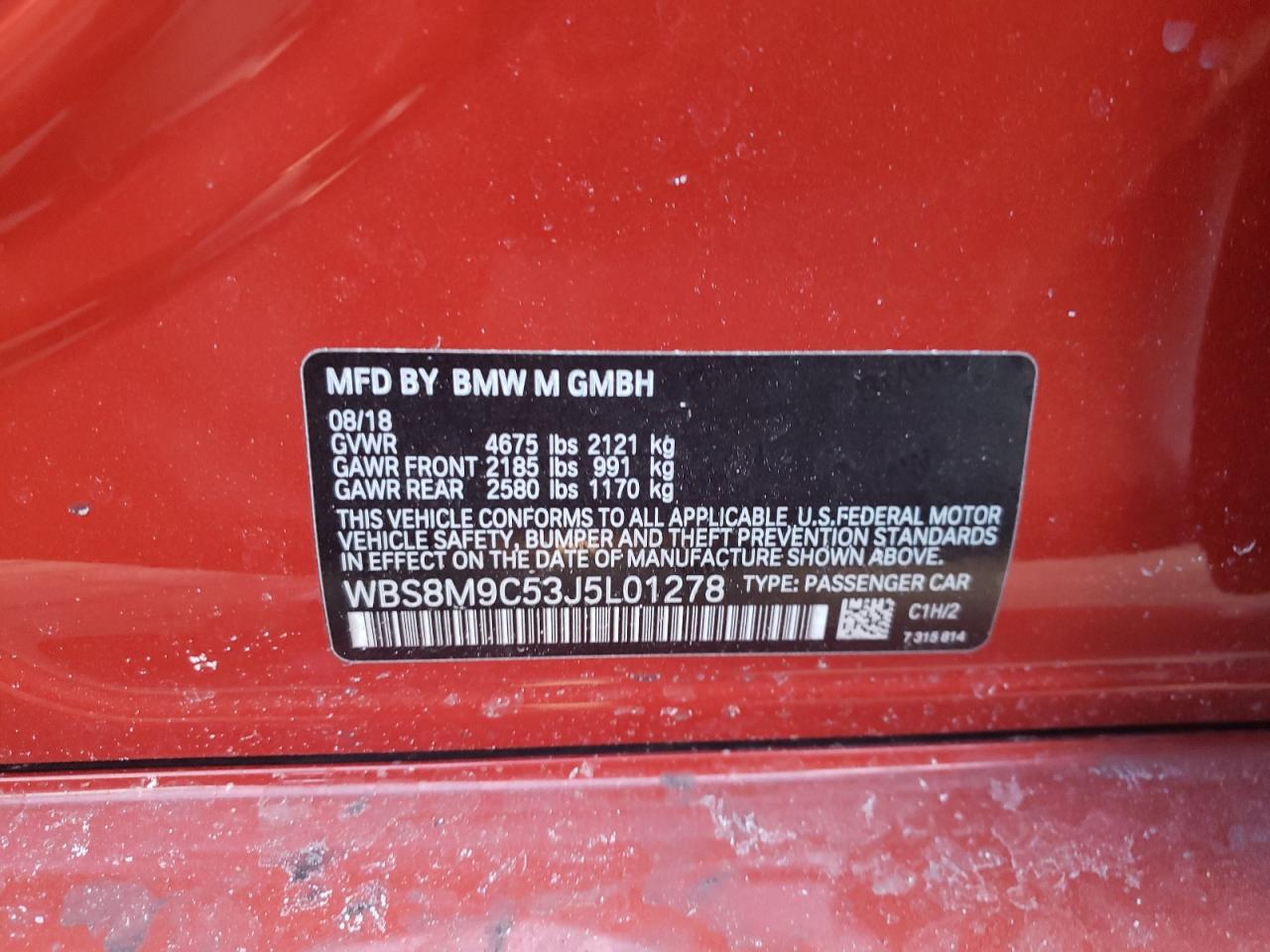 2018 BMW M3 VIN WBS8M9C53J5L01278 Copart auction photo, front end / side damage thumbnail 14