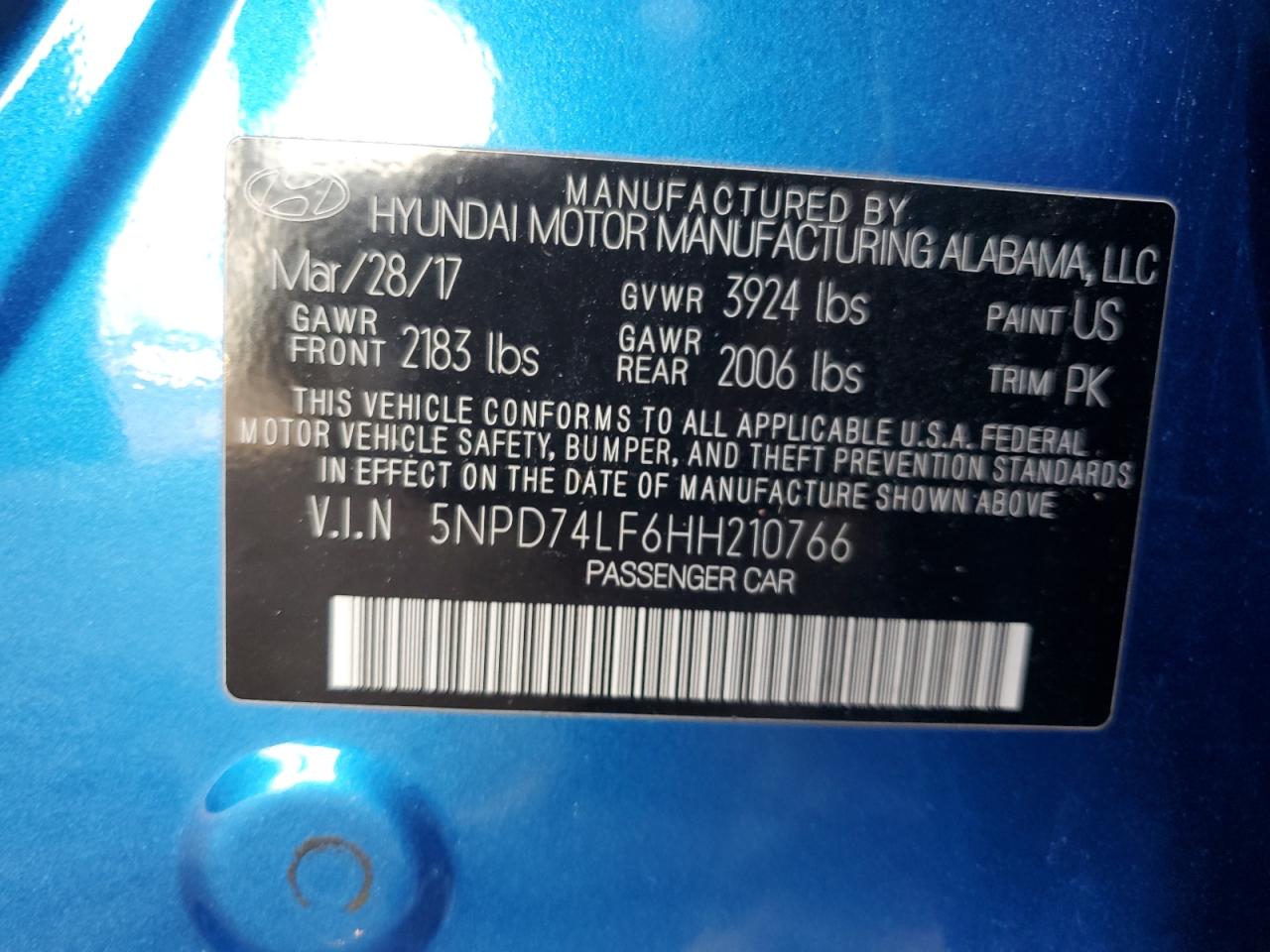2017 Hyundai Elantra VIN 5NPD74LF6HH210766 Copart auction photo, top/roof damage thumbnail 12