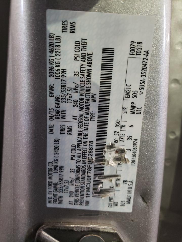 2015 Ford Escape VIN 1FMCU0F78FUC28878 Copart auction photo, front end / minor dent/scratches damage thumbnail 13
