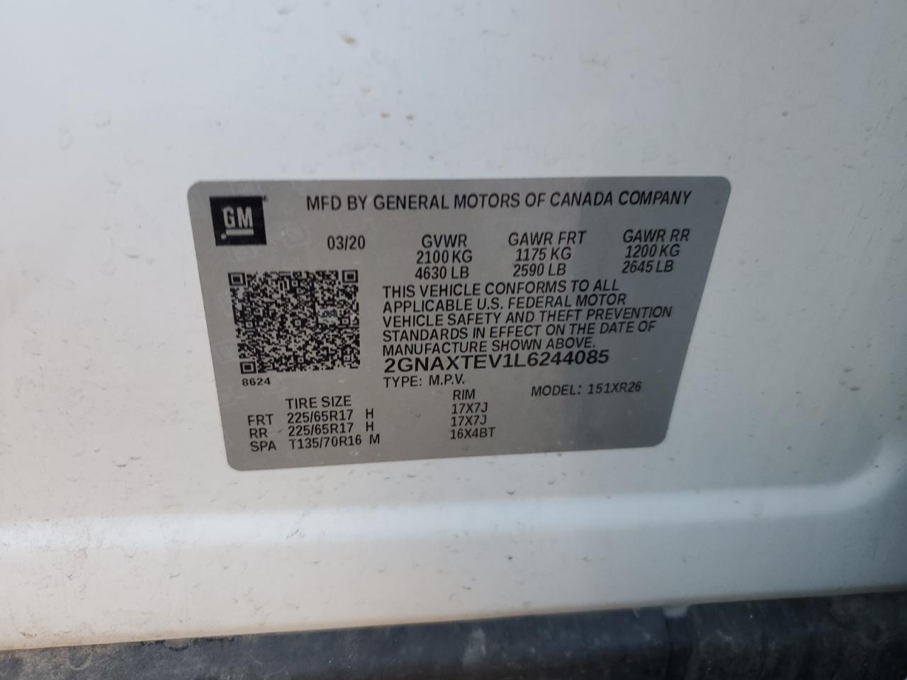 2020 Chevrolet Equinox VIN 2GNAXTEV1L6244085 Copart auction photo, minor dent/scratches damage thumbnail 15