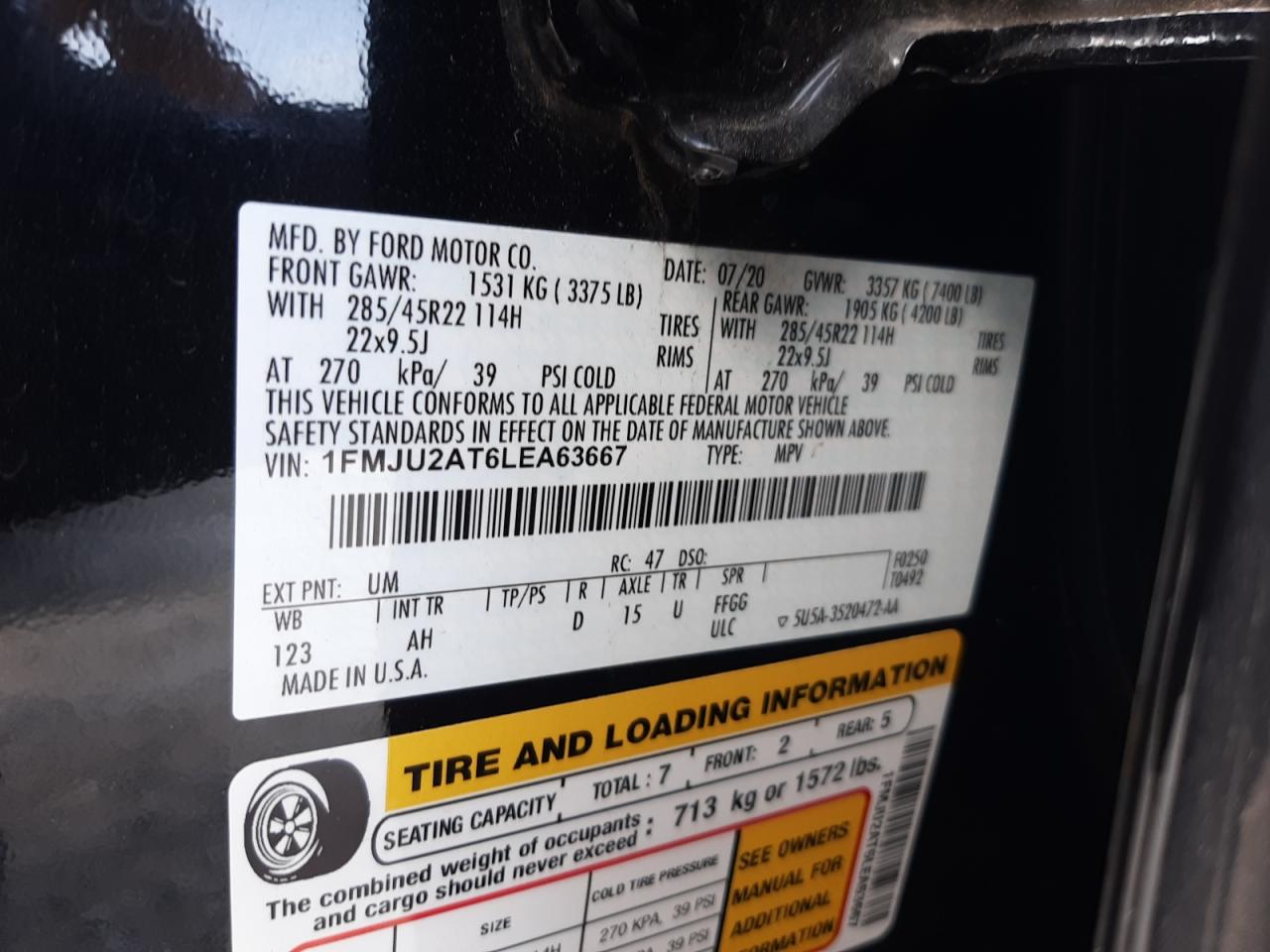 2020 Ford Expedition VIN 1FMJU2AT6LEA63667 Copart auction photo, front end damage thumbnail 13