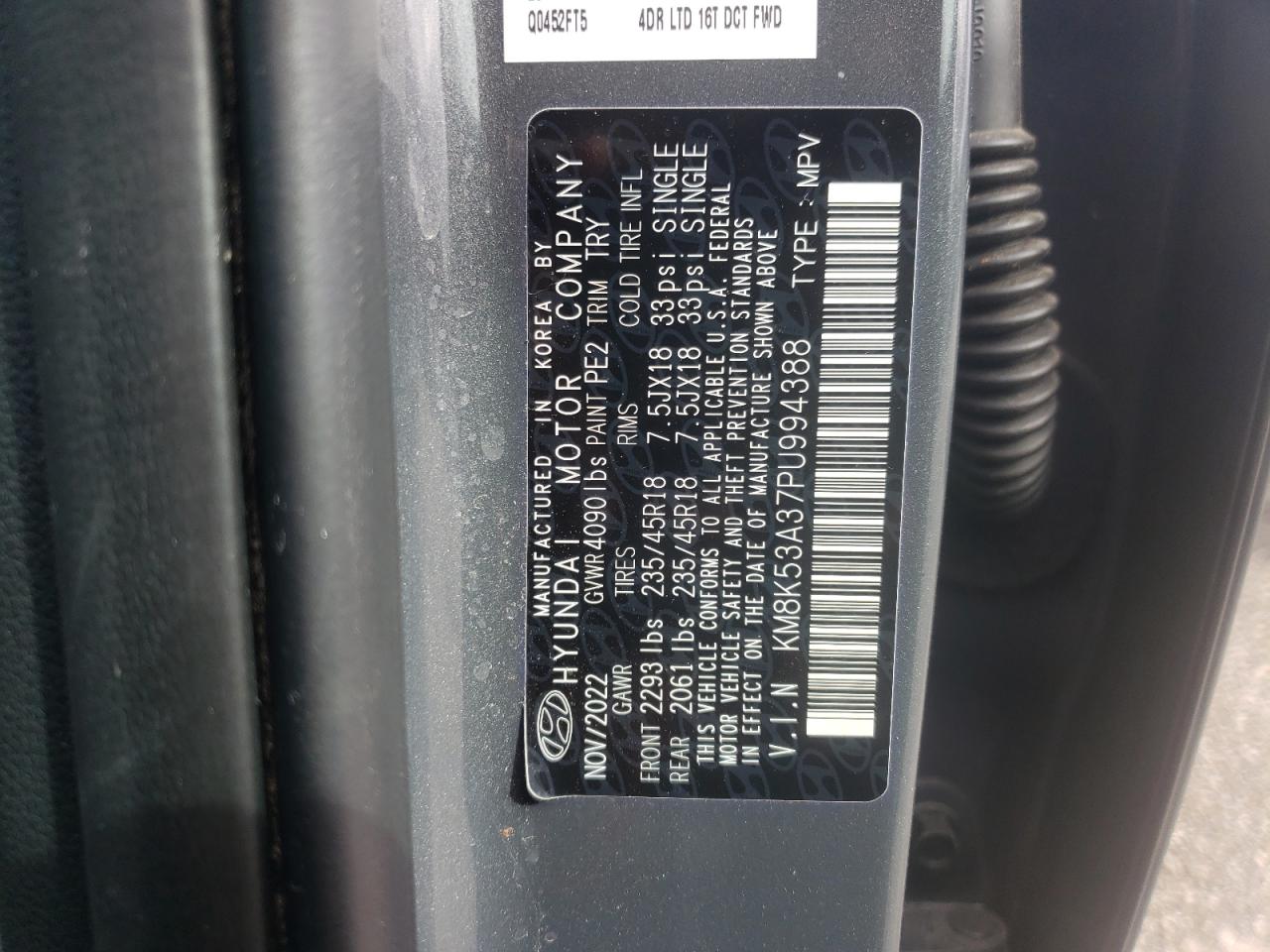 2023 Hyundai Kona VIN KM8K53A37PU994388 Copart auction photo, rear end damage thumbnail 12