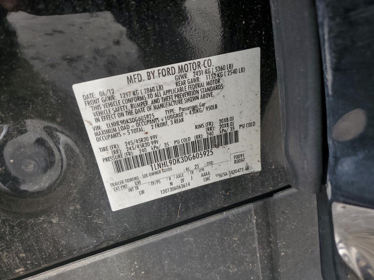 2013 Lincoln MKS VIN 1LNHL9DK3DG605925 Copart auction photo, front end / side damage thumbnail 13
