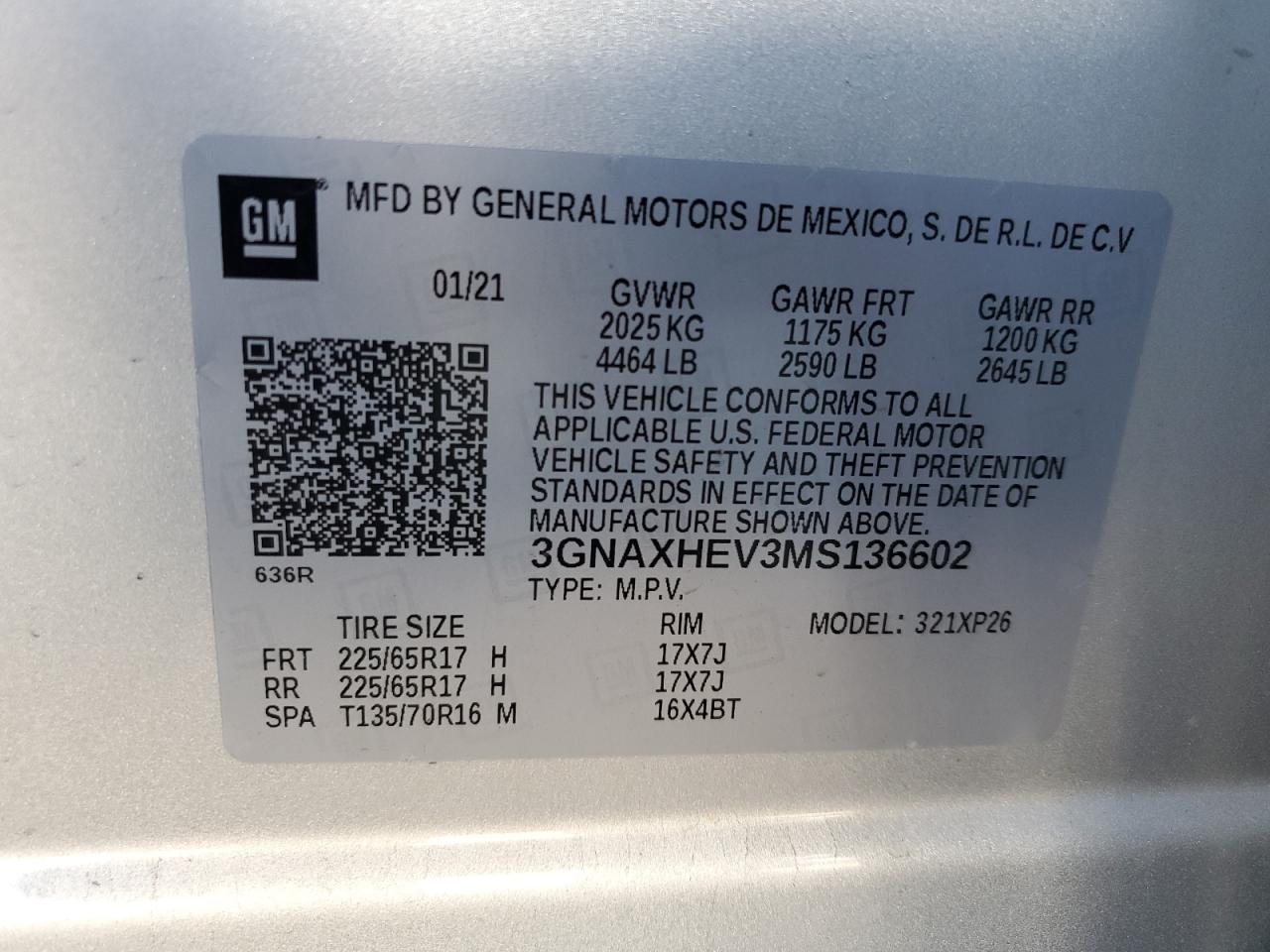 2021 Chevrolet Equinox VIN 3GNAXHEV3MS136602 Copart auction photo, rear end / minor dent/scratches damage thumbnail 16