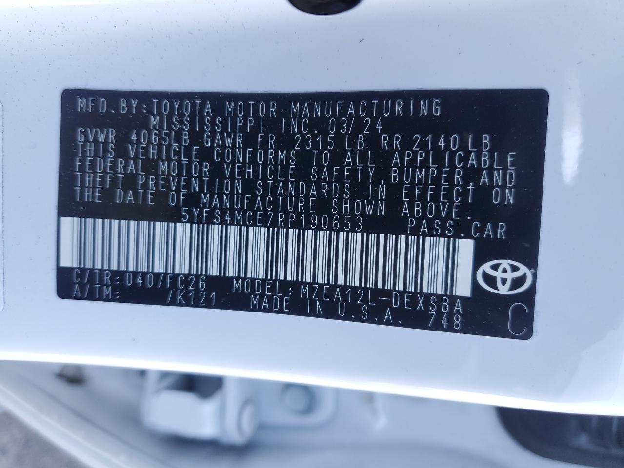 2024 Toyota Corolla VIN 5YFS4MCE7RP190653 Copart auction photo, front end damage thumbnail 13