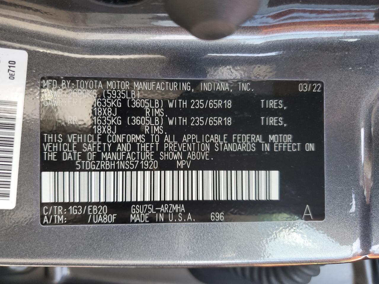 2022 Toyota Highlander VIN 5TDGZRBH1NS571920 Copart auction photo, front end damage thumbnail 15