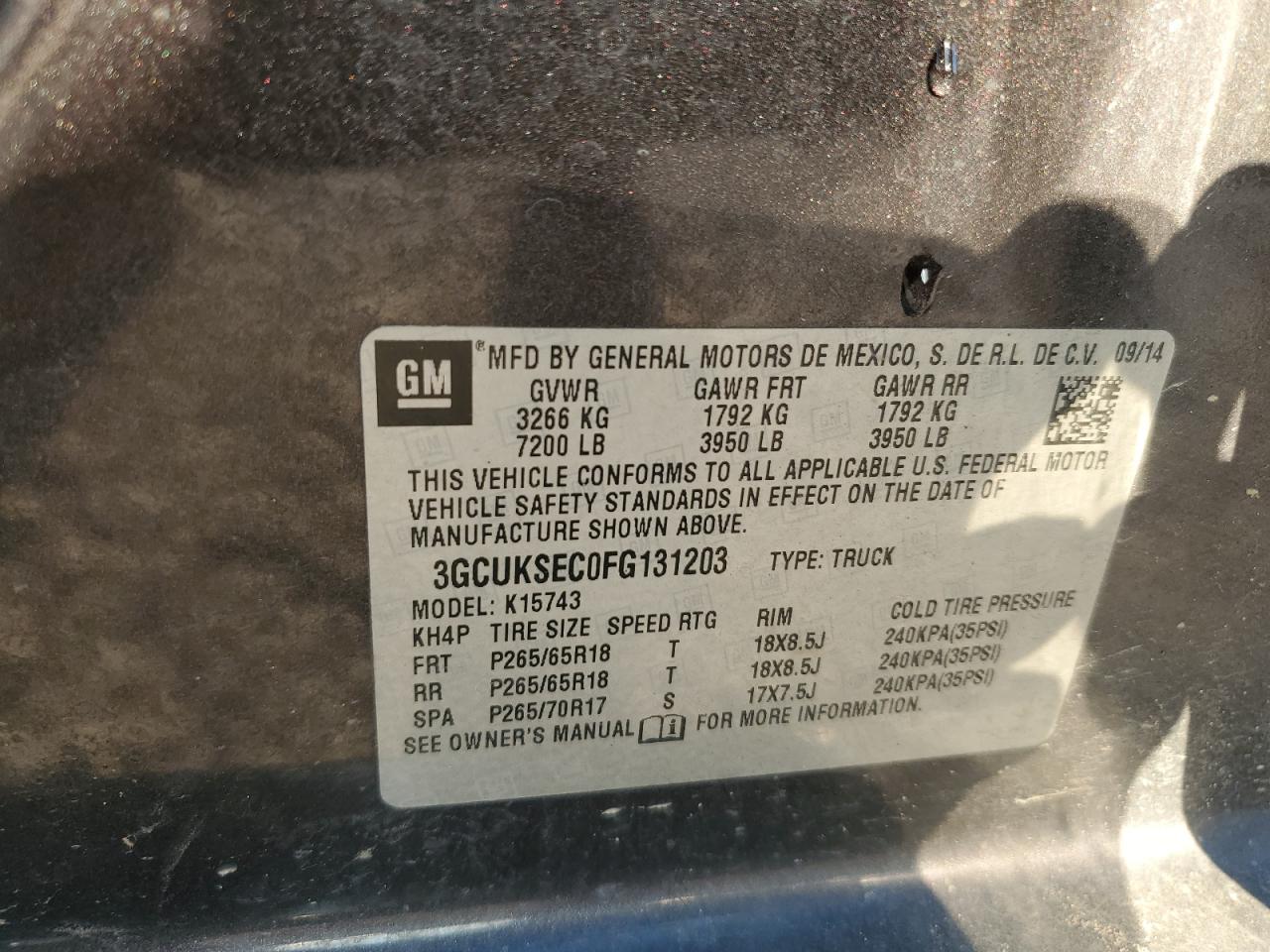 2015 Chevrolet Silverado VIN 3GCUKSEC0FG131203 Copart auction photo, front end damage thumbnail 15