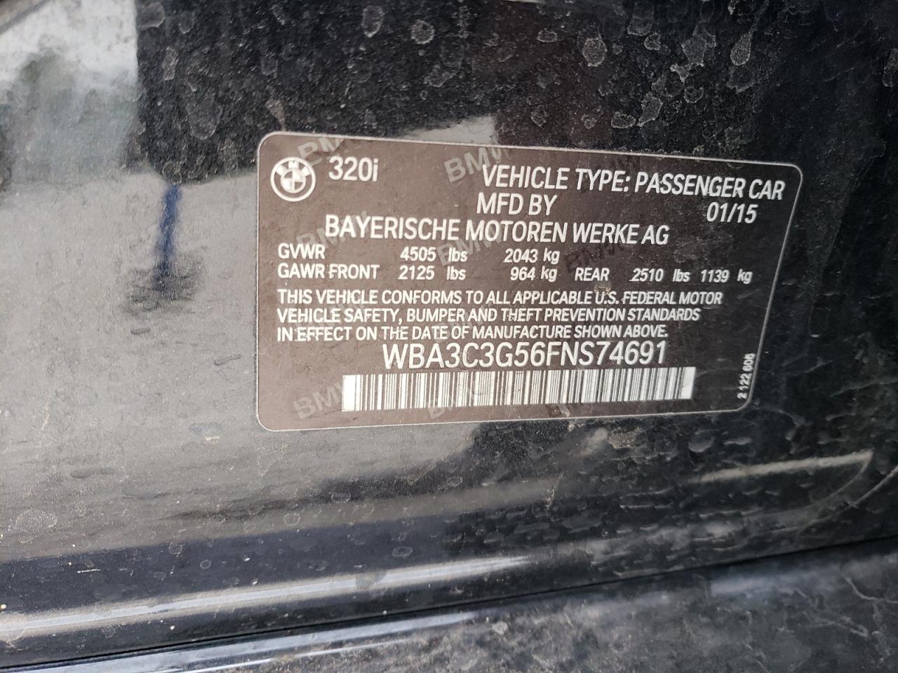 2015 BMW 3er VIN WBA3C3G56FNS74691 Copart auction photo, front end damage thumbnail 12
