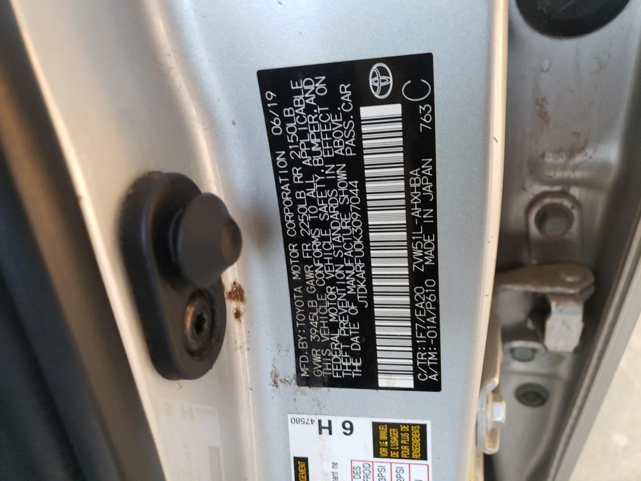 2019 Toyota Prius VIN JTDKARFU0K3097044 Copart auction photo, all over damage thumbnail 12