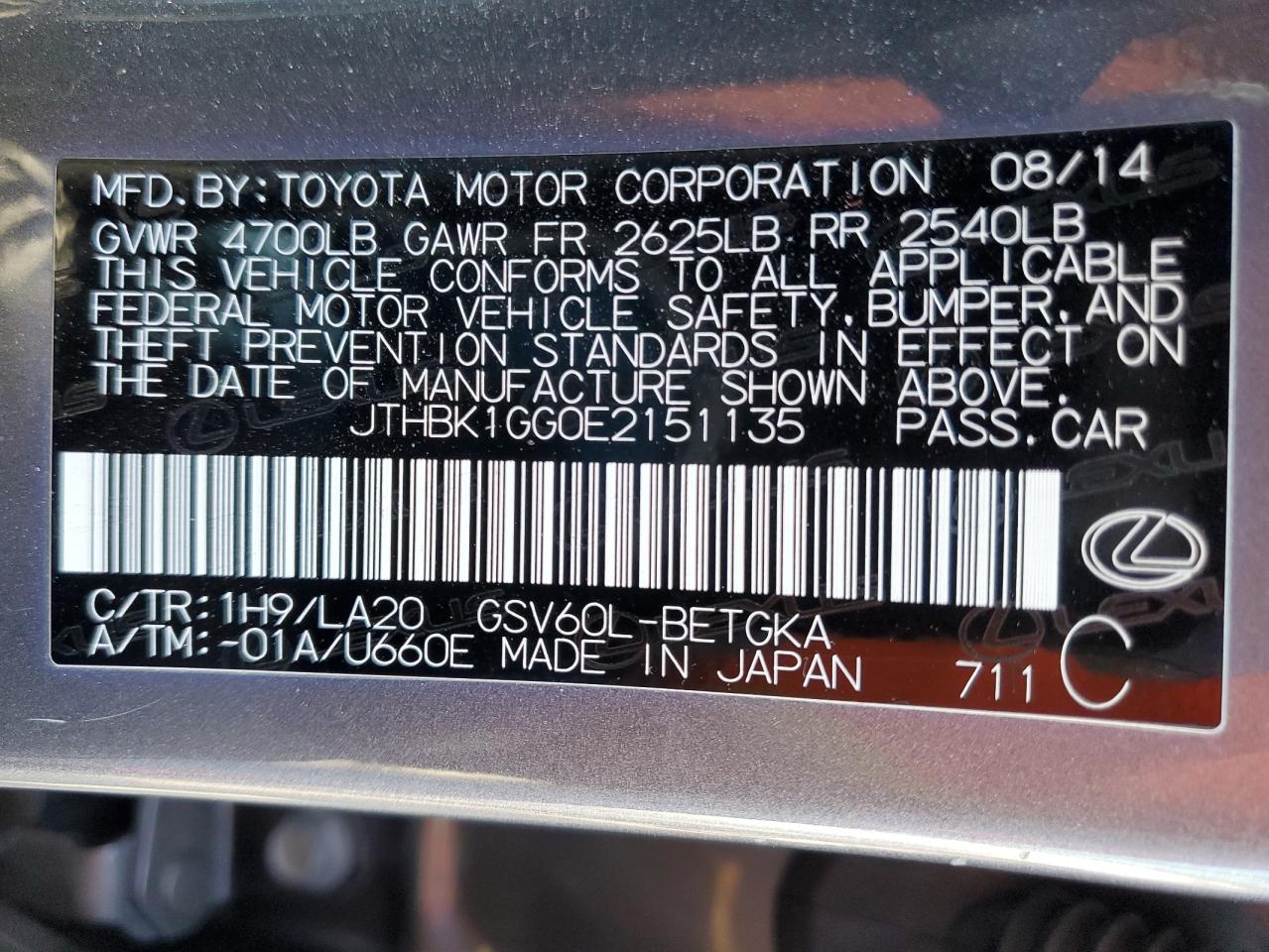2014 Lexus ES VIN JTHBK1GG0E2151135 Copart auction photo, front end / all over damage thumbnail 12