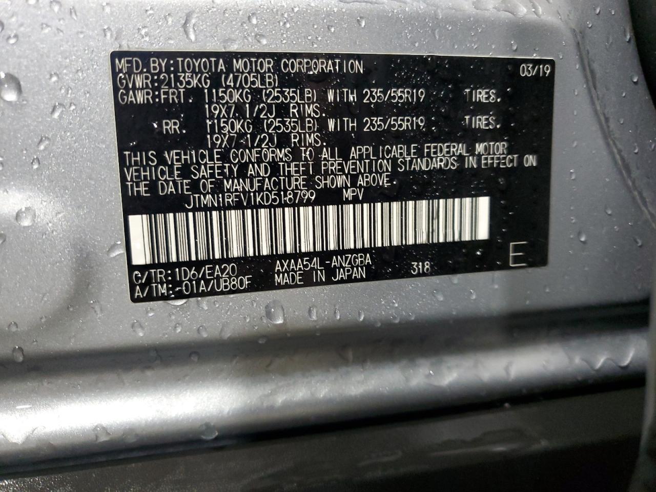 2019 Toyota RAV 4 VIN JTMN1RFV1KD518799 Copart auction photo, front end damage thumbnail 15