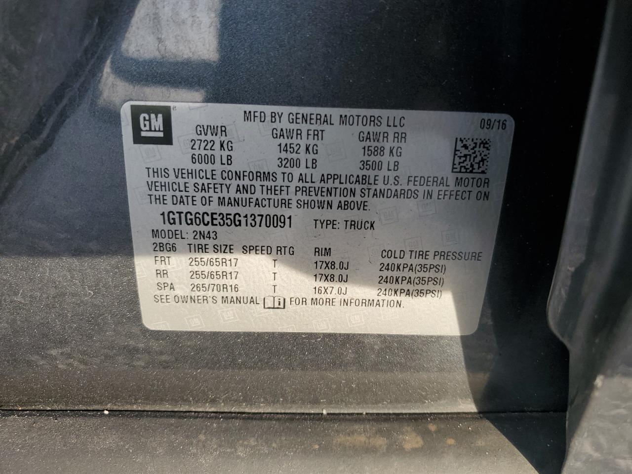 2016 GMC Canyon VIN 1GTG6CE35G1370091 Copart auction photo, front end / side damage thumbnail 14