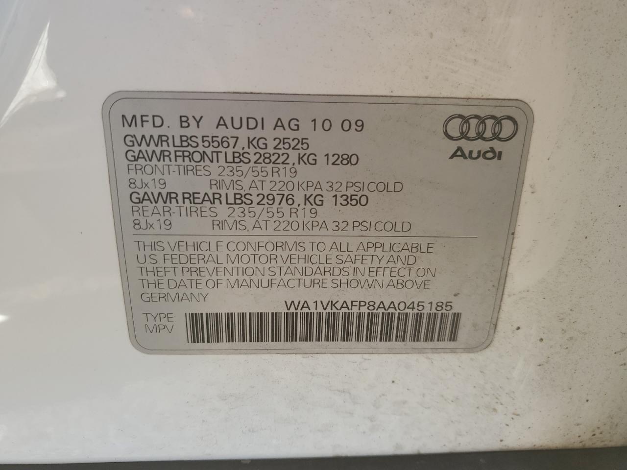 2010 Audi Q5 VIN WA1VKAFP8AA045185 Copart auction photo, side damage thumbnail 14