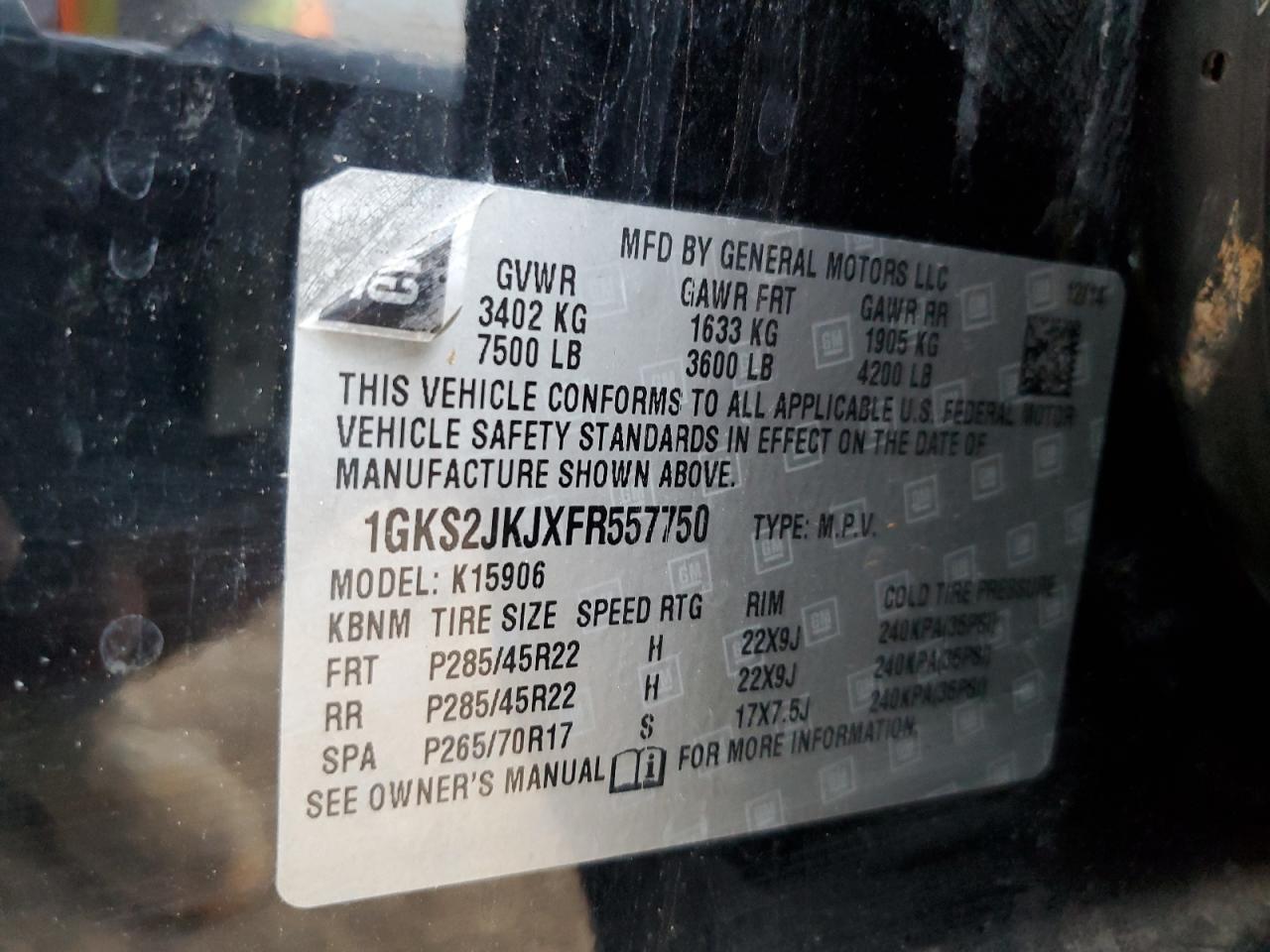 2015 GMC Yukon VIN 1GKS2JKJXFR557750 Copart auction photo, front end / side damage thumbnail 12