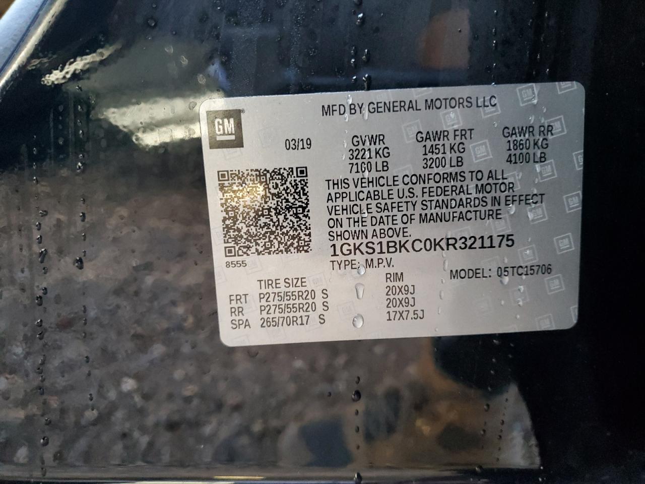 2019 GMC Yukon VIN 1GKS1BKC0KR321175 Copart auction photo, front end damage thumbnail 12