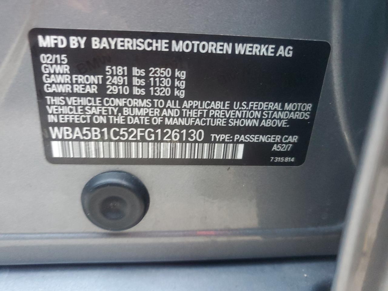 2015 BMW 5er VIN WBA5B1C52FG126130 Copart auction photo, water/flood damage thumbnail 13
