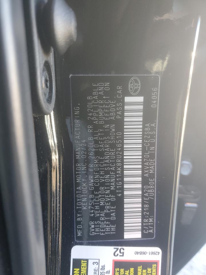 2024 Toyota Camry VIN 4T1G11AK8RU246510 Copart auction photo, undercarriage / rear end damage thumbnail 14