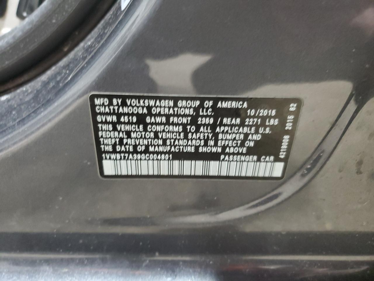 2016 Volkswagen Passat VIN 1VWBT7A39GC004801 Copart auction photo, front end damage thumbnail 13