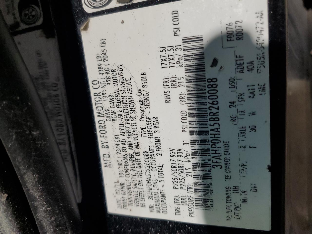 2011 Ford Fusion VIN 3FAHP0HA5BR260088 Copart auction photo, undercarriage / front end damage thumbnail 12