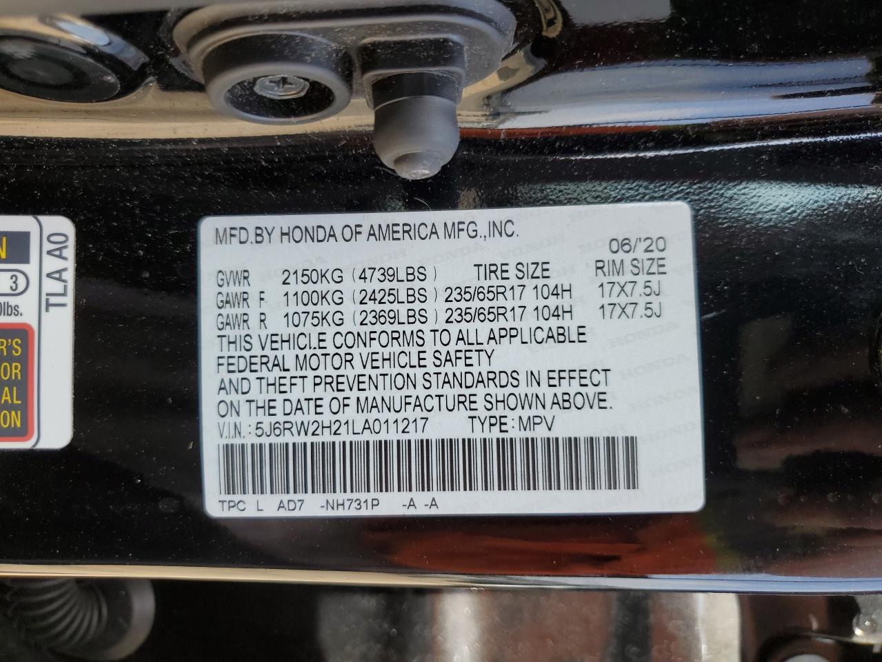 2020 Honda CR-V VIN 5J6RW2H21LA011217 Copart auction photo, side / all over damage thumbnail 15