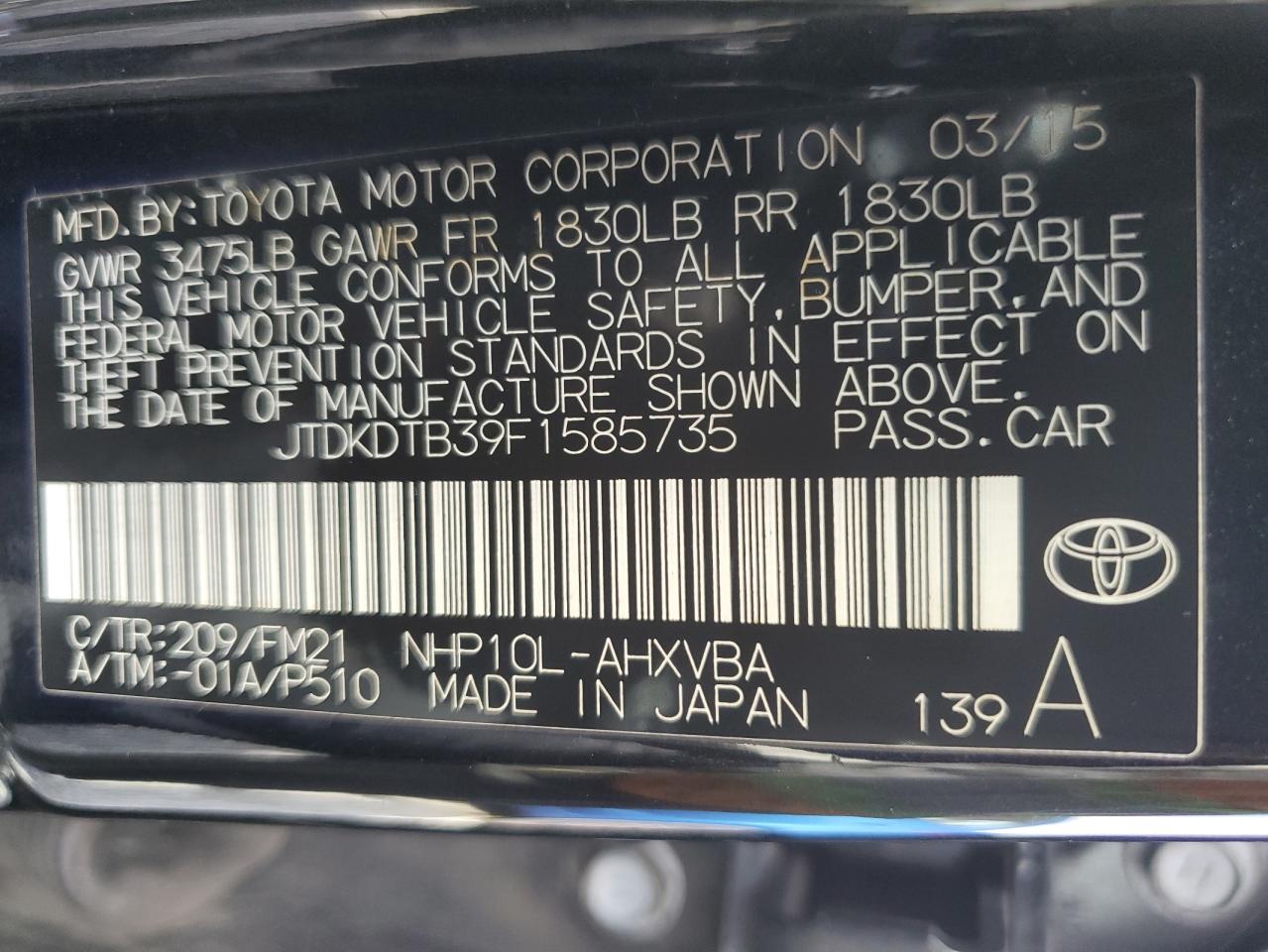 2015 Toyota Prius VIN JTDKDTB39F1585735 Copart auction photo, front end damage thumbnail 12