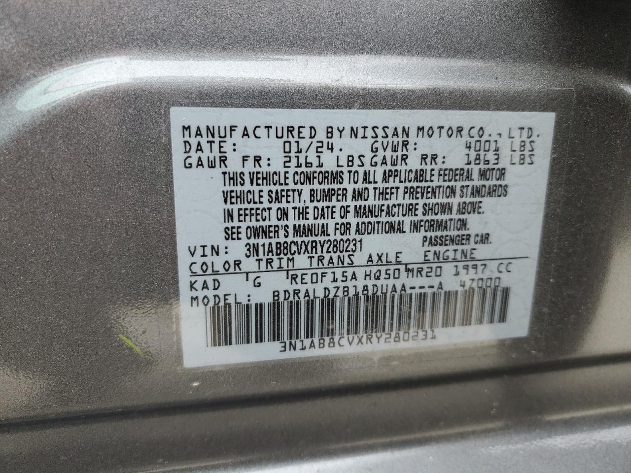2024 Nissan Sentra VIN 3N1AB8CVXRY280231 Copart auction photo, front end / minor dent/scratches damage thumbnail 13