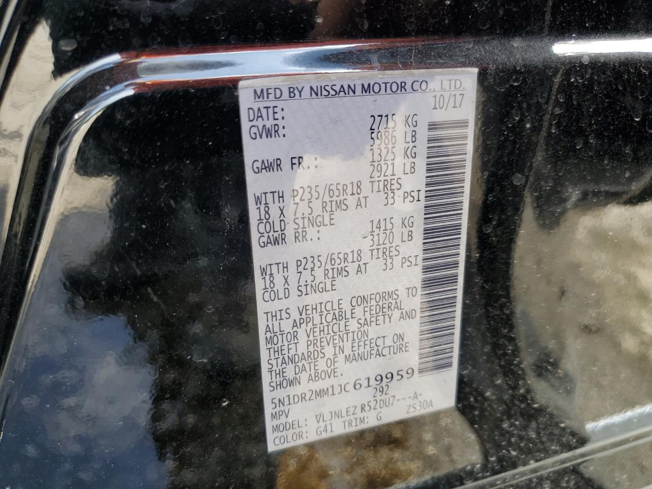 2018 Nissan Pathfinder VIN 5N1DR2MM1JC619959 Copart auction photo, front end damage thumbnail 13