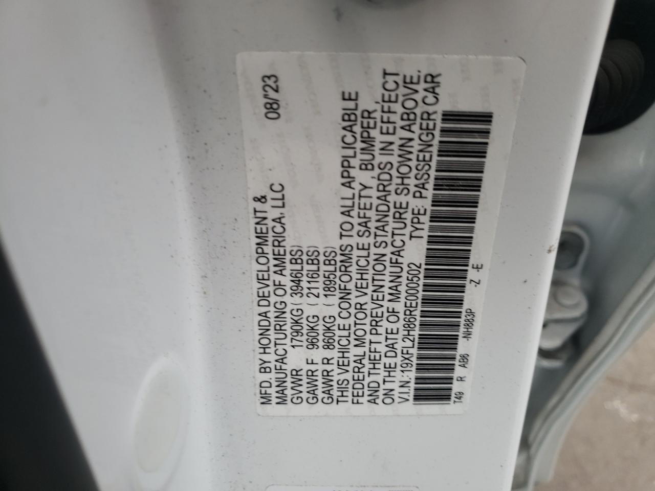 2024 Honda Civic VIN 19XFL2H86RE000502 Copart auction photo, front end / side damage thumbnail 15