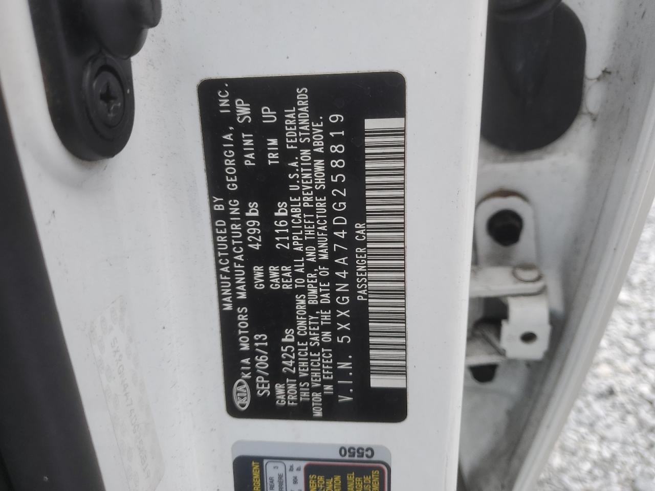 2013 KIA Optima VIN 5XXGN4A74DG258819 Copart auction photo, burn - engine / burn - interior damage thumbnail 12