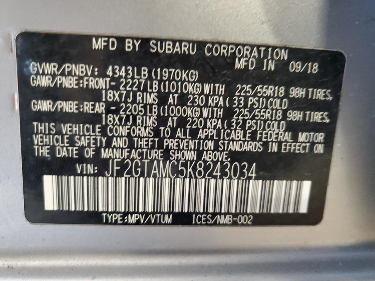 2019 Subaru XV VIN JF2GTAMC5K8243034 Copart auction photo, side damage thumbnail 13