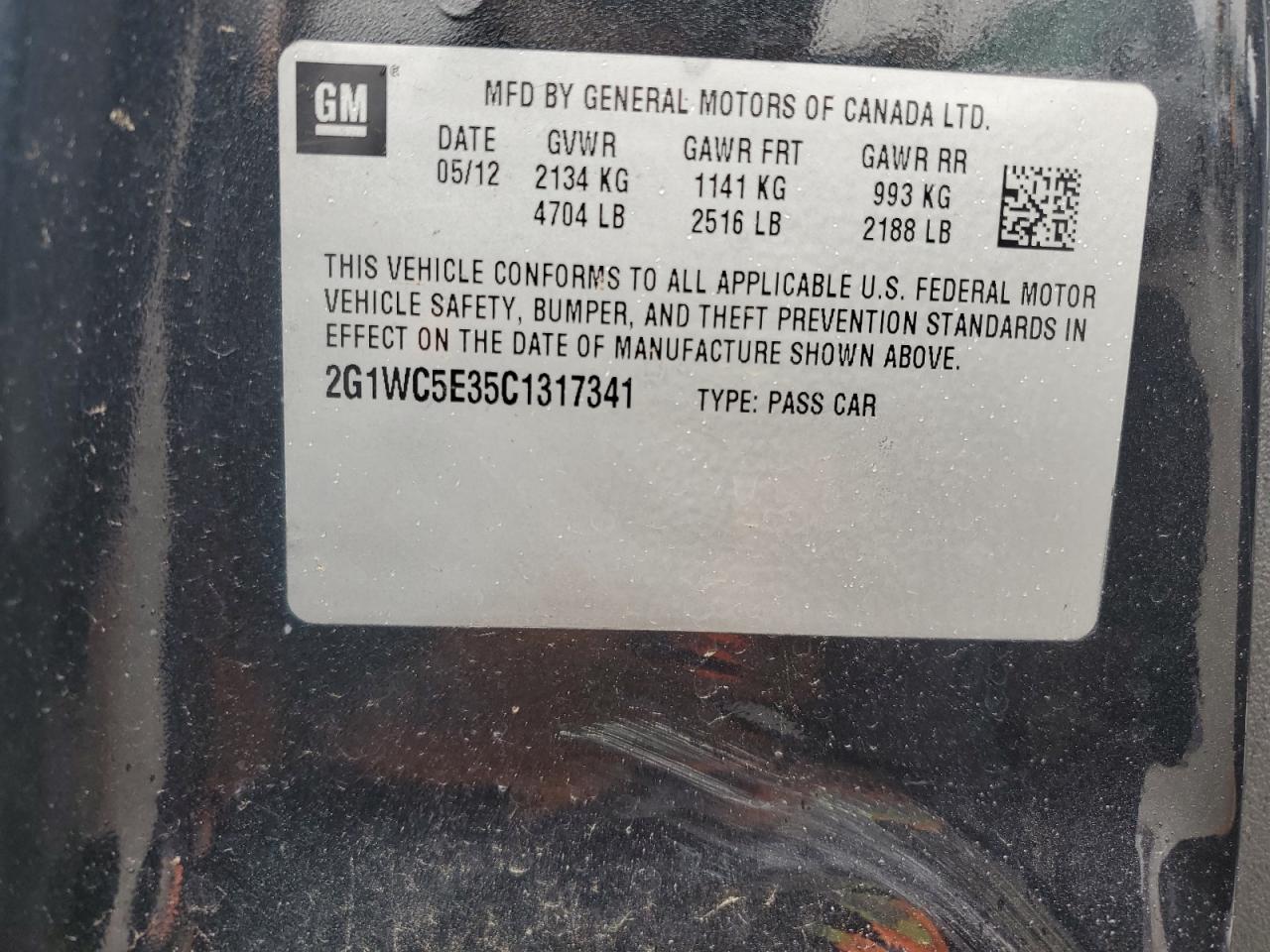 2012 Chevrolet Impala VIN 2G1WC5E35C1317341 Copart auction photo, front end / side damage thumbnail 12