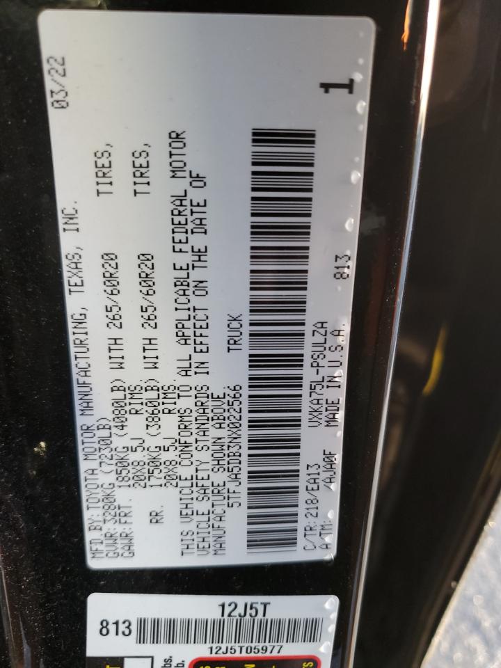 2022 Toyota Tundra VIN 5TFJA5DB3NX022566 Copart auction photo, front end damage thumbnail 12