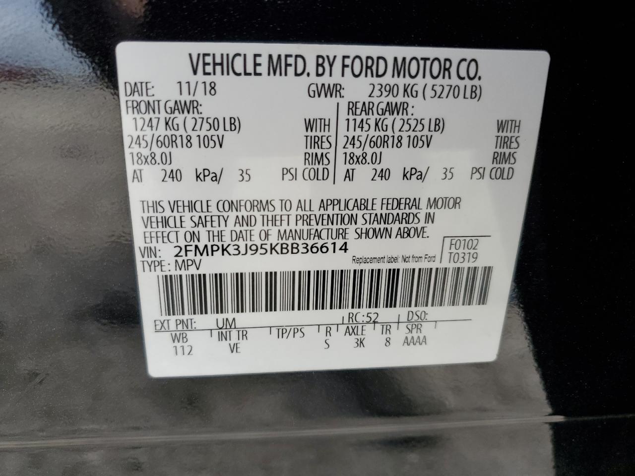 2019 Ford Edge VIN 2FMPK3J95KBB36614 Copart auction photo, front end / minor dent/scratches damage thumbnail 14