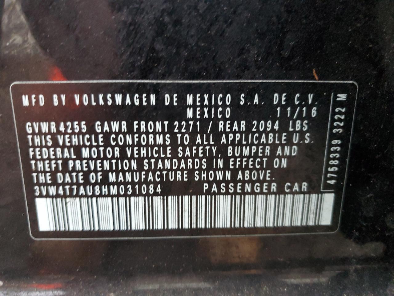 2017 Volkswagen GTI VIN 3VW4T7AU8HM031084 Copart auction photo, rear end damage thumbnail 15