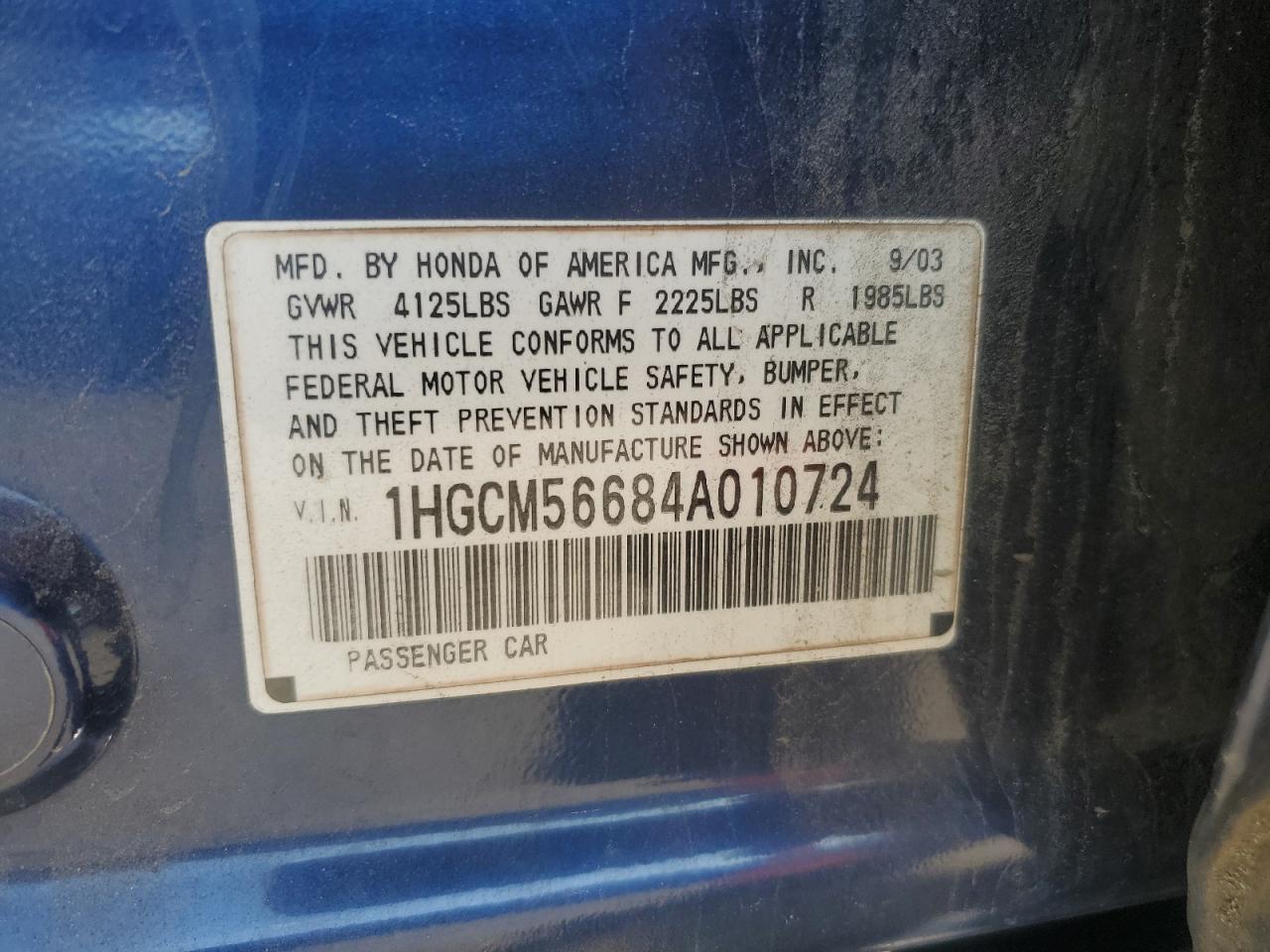 2004 Honda Accord VIN 1HGCM56684A010724 Copart auction photo, front end damage thumbnail 12